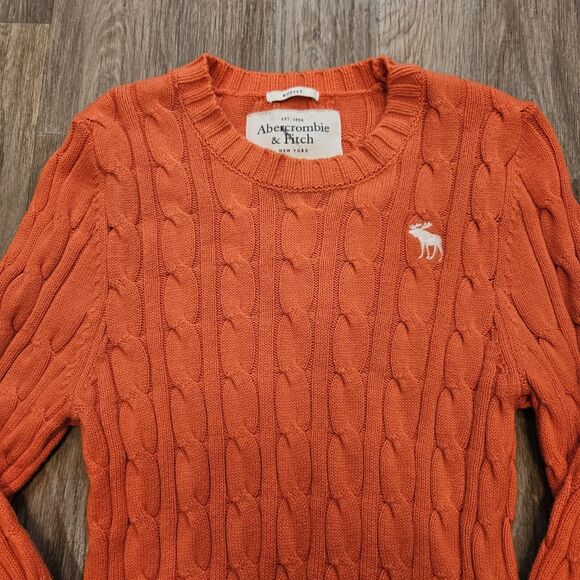 Vtg Abercrombie & Fitch Cable Knit Sweater Mens M Moose Orange Preppy Y2K Swifti - Picture 2 of 9